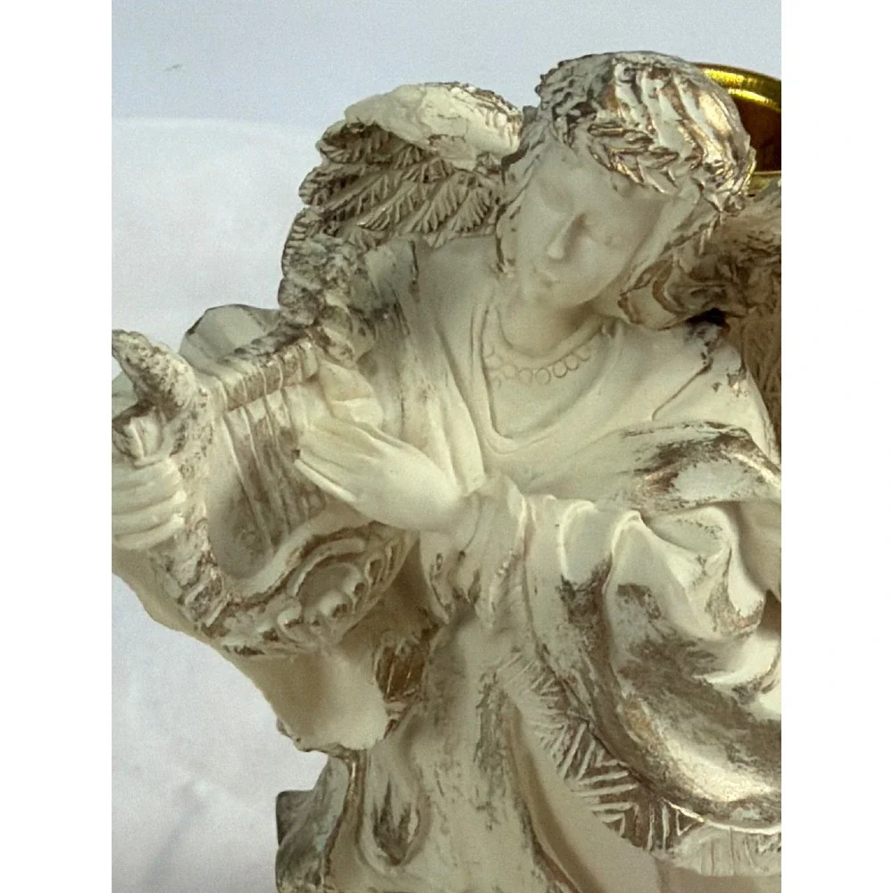 Vintage Angel Figurine Candle Holder Harp Player Cream Gold Resin 5.5 Inch